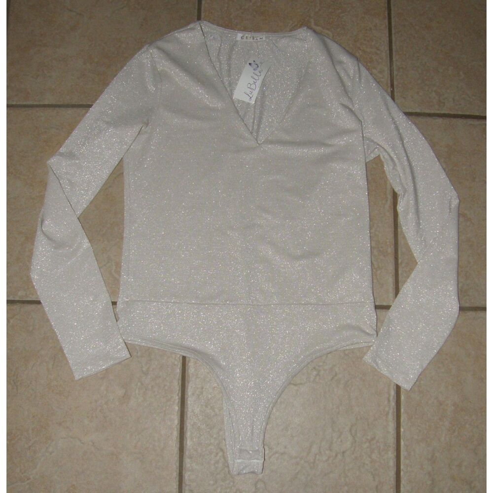 NEW NWT Sparkly Beige & Silver Sz Large Stretchy Long Sleeve Bodysuit CEFIAN
